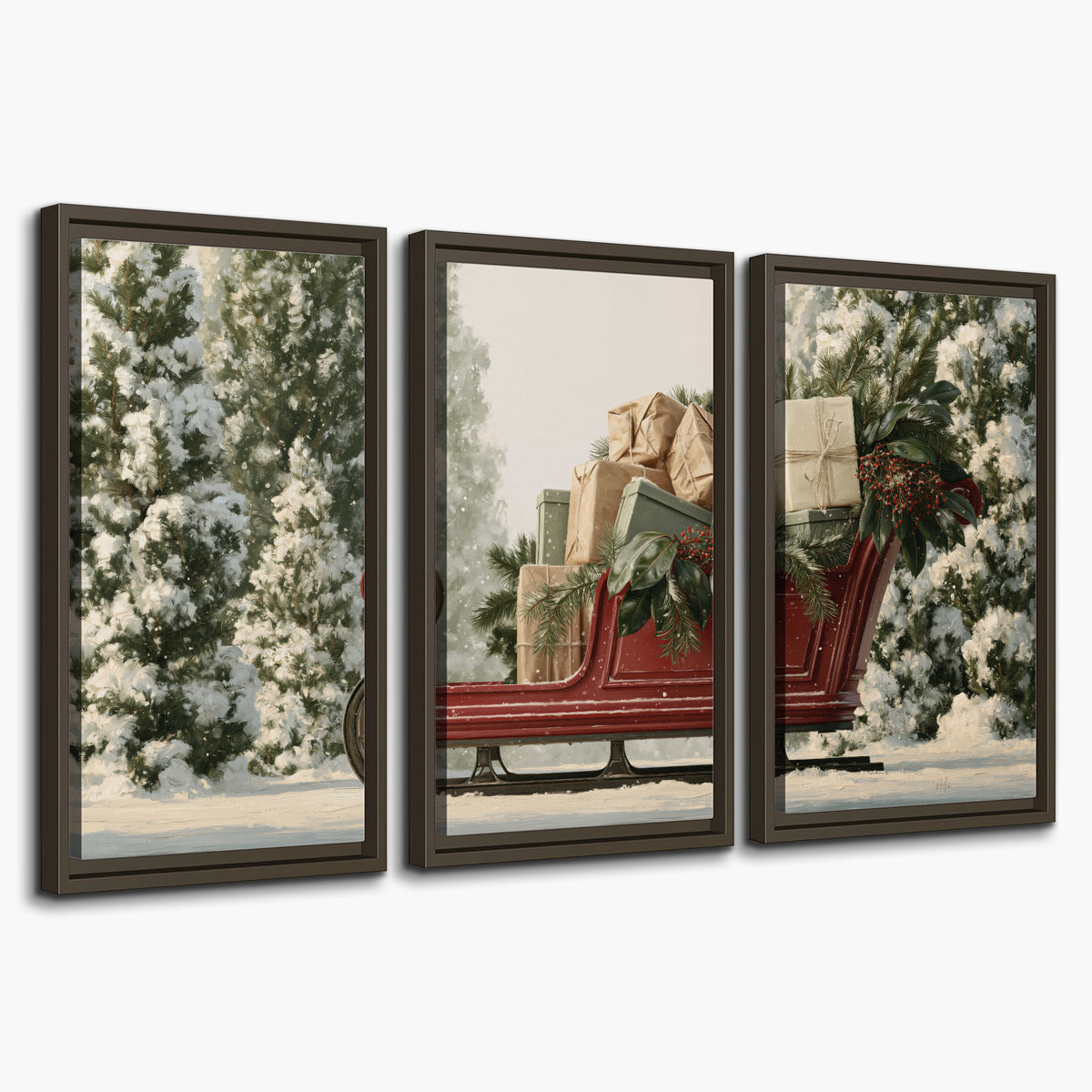A red sleigh filled with wrapped gifts and evergreen branches among snowy fir trees 3 piece framed canvas wall art on a white background