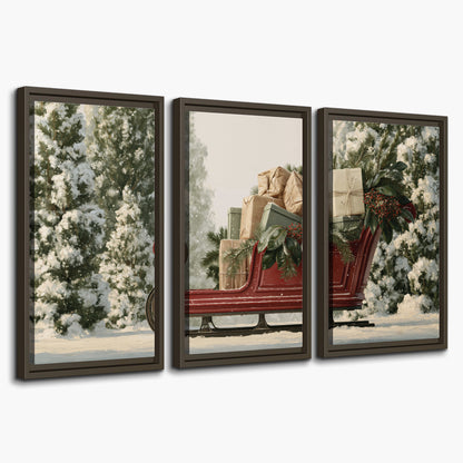A red sleigh filled with wrapped gifts and evergreen branches among snowy fir trees 3 piece framed canvas wall art on a white background
