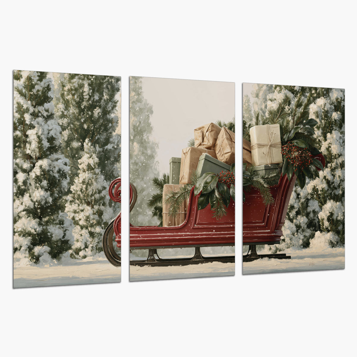 A red sleigh filled with wrapped gifts and evergreen branches among snowy fir trees set of 3 poster prints on a white background