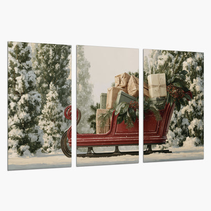 A red sleigh filled with wrapped gifts and evergreen branches among snowy fir trees set of 3 poster prints on a white background