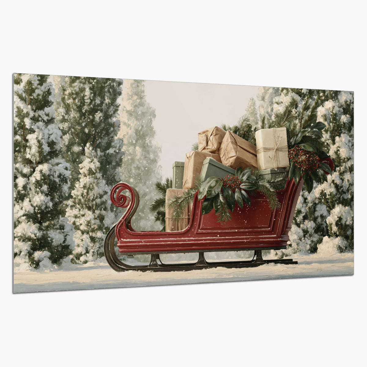 A red sleigh filled with wrapped gifts and evergreen branches among snowy fir trees single poster print on a white background