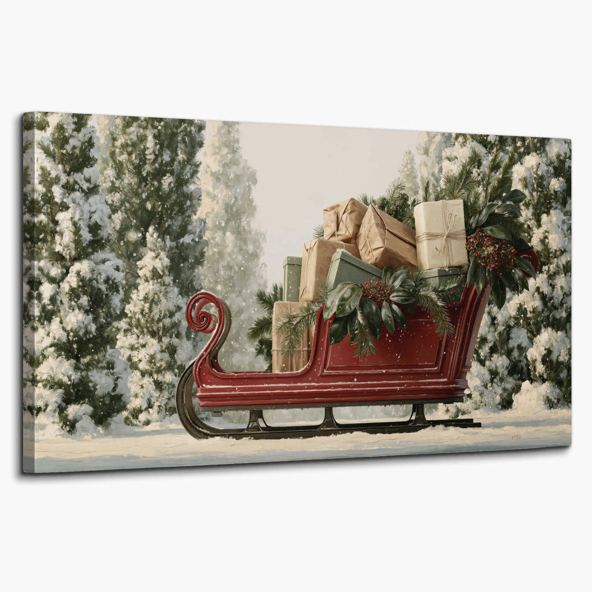 A red sleigh filled with wrapped gifts and evergreen branches among snowy fir trees single canvas wall art on a white background