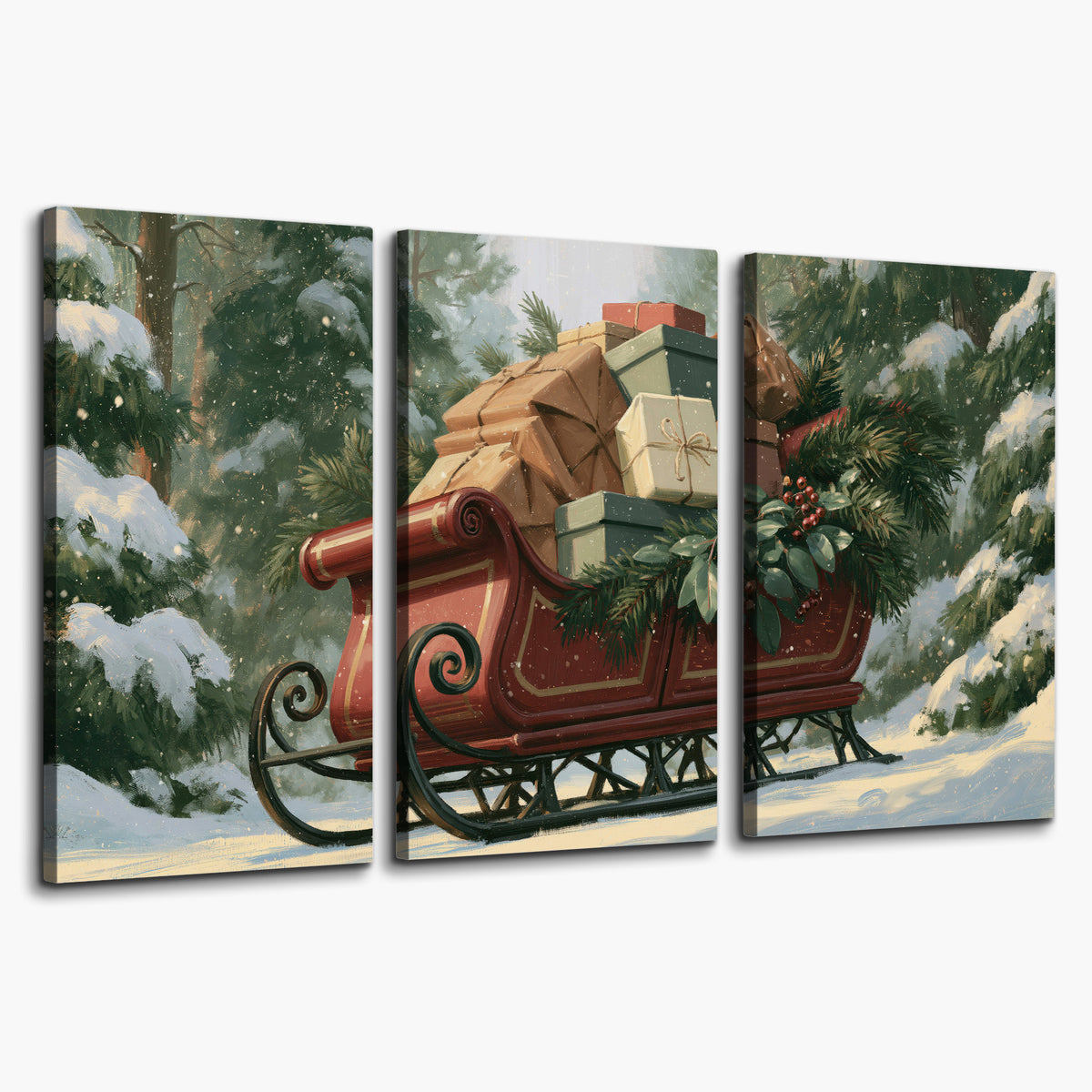 A red sleigh stacked with warm neutral gifts beneath snow-covered evergreen branches 3 piece canvas wall art on a white background