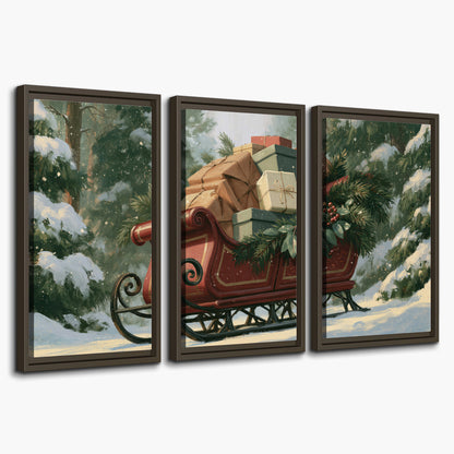 A red sleigh stacked with warm neutral gifts beneath snow-covered evergreen branches 3 piece framed canvas wall art on a white background