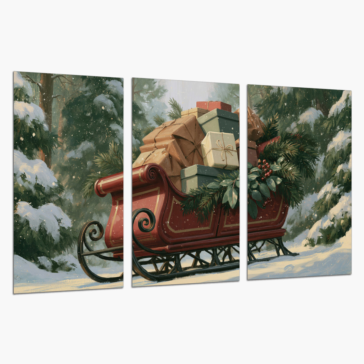 A red sleigh stacked with warm neutral gifts beneath snow-covered evergreen branches set of 3 poster prints on a white background