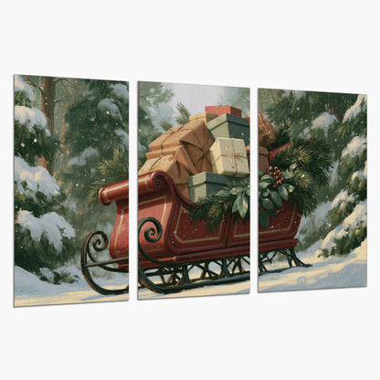 A red sleigh stacked with warm neutral gifts beneath snow-covered evergreen branches set of 3 poster prints on a white background