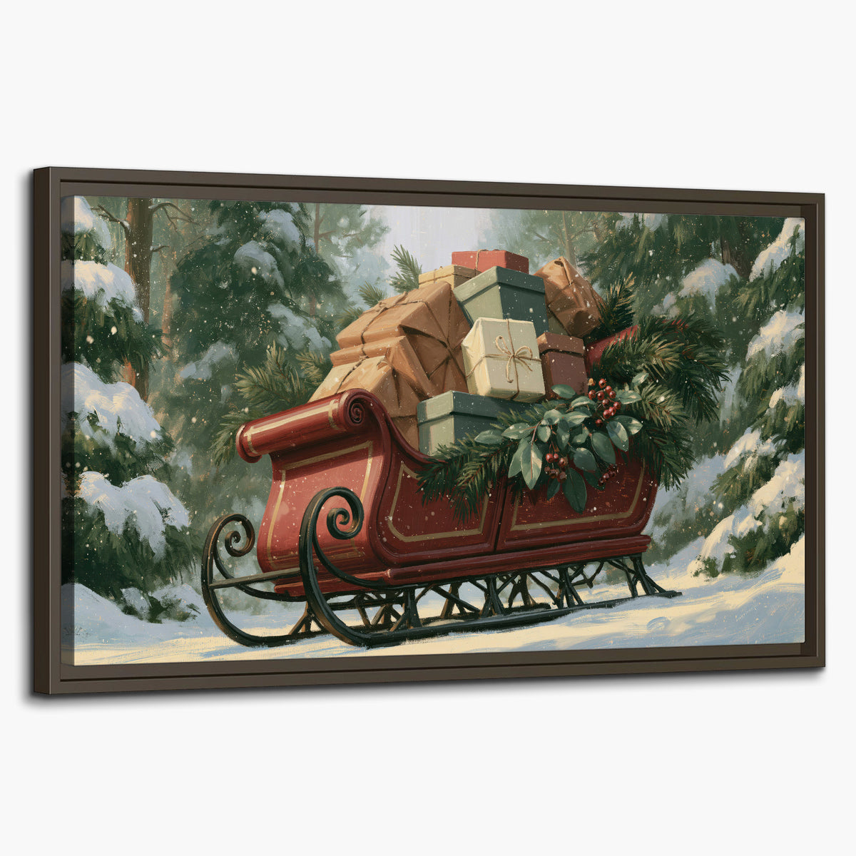 A red sleigh stacked with warm neutral gifts beneath snow-covered evergreen branches single framed canvas wall art on a white background