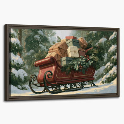 A red sleigh stacked with warm neutral gifts beneath snow-covered evergreen branches single framed canvas wall art on a white background