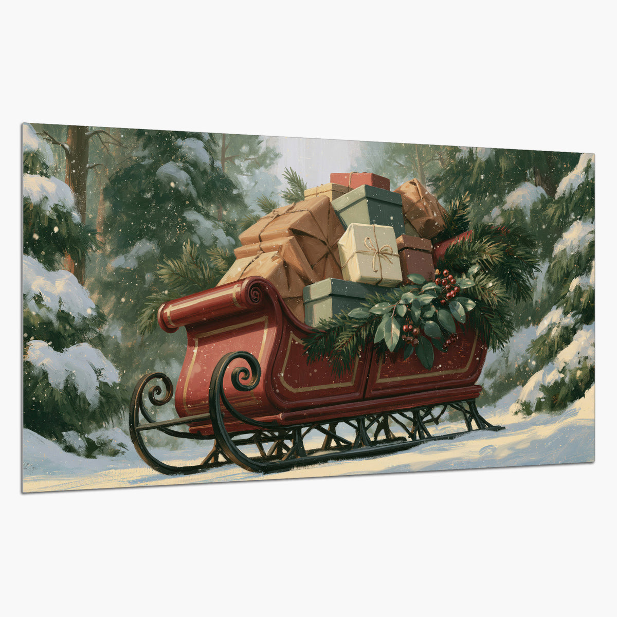 A red sleigh stacked with warm neutral gifts beneath snow-covered evergreen branches single poster print on a white background