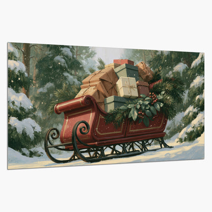 A red sleigh stacked with warm neutral gifts beneath snow-covered evergreen branches single poster print on a white background