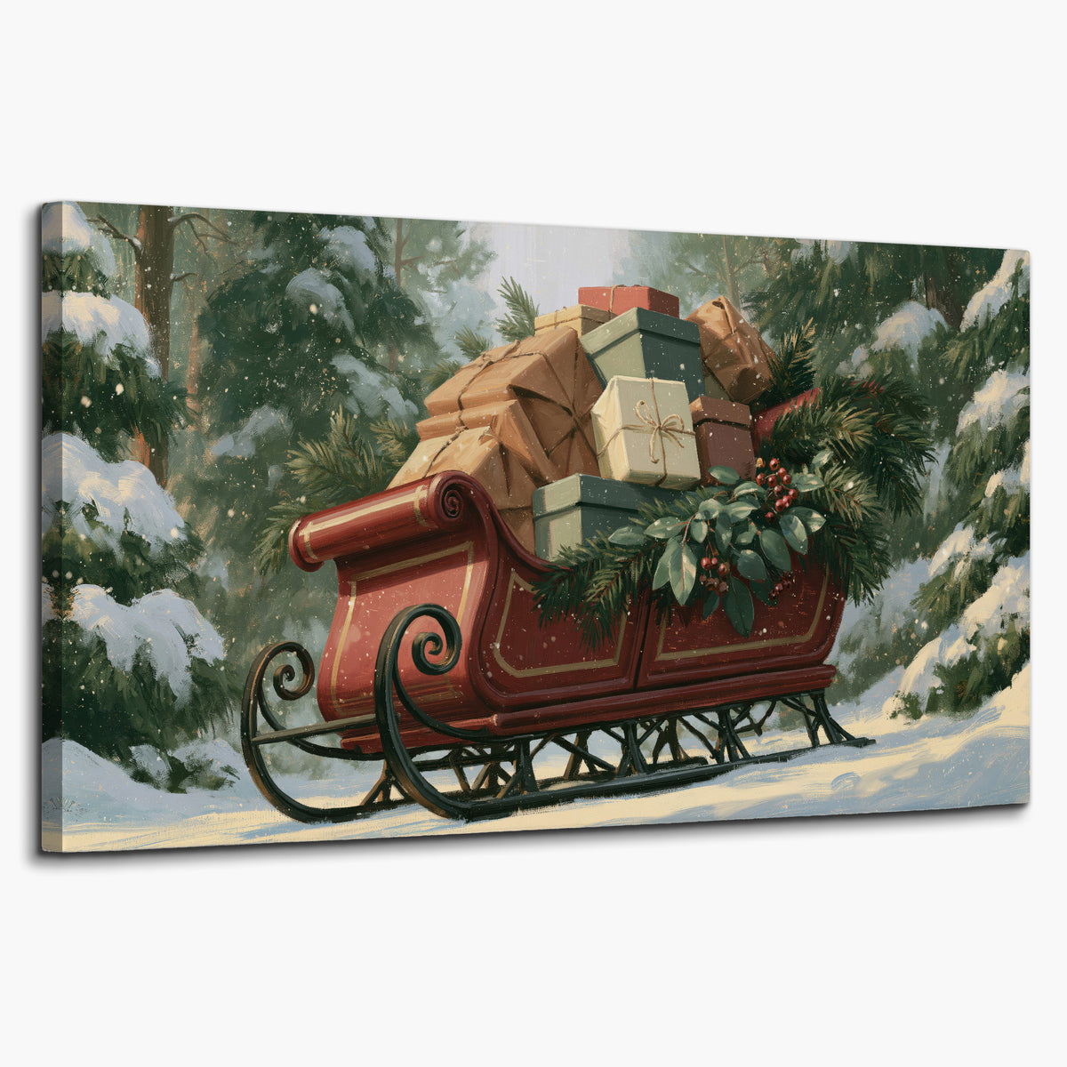 A red sleigh stacked with warm neutral gifts beneath snow-covered evergreen branches single canvas wall art on a white background
