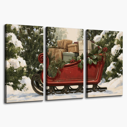 A decorative red holiday sleigh carrying wrapped presents and greenery through a snowy woodland 3 piece canvas wall art on a white background