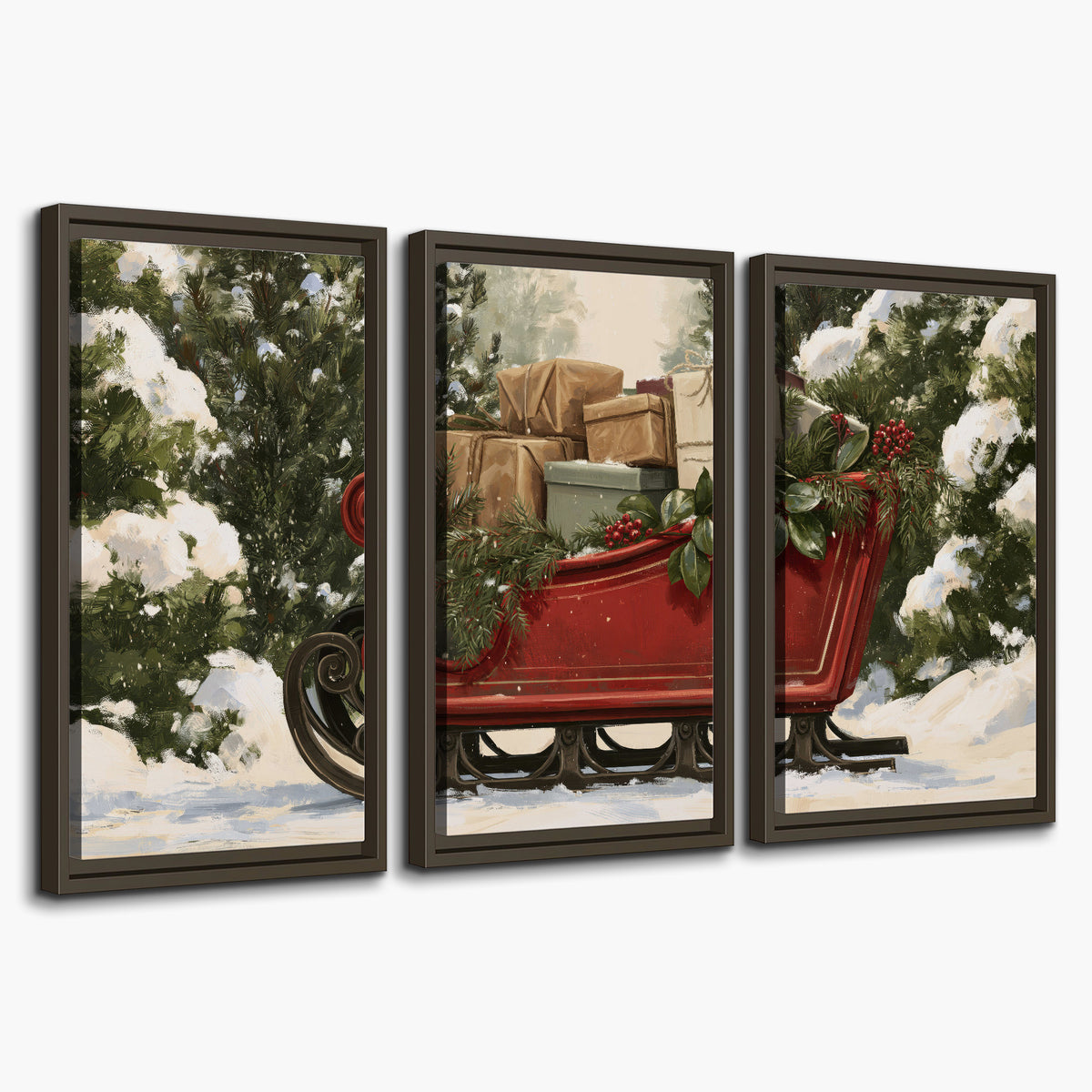 A decorative red holiday sleigh carrying wrapped presents and greenery through a snowy woodland 3 piece framed canvas wall art on a white background