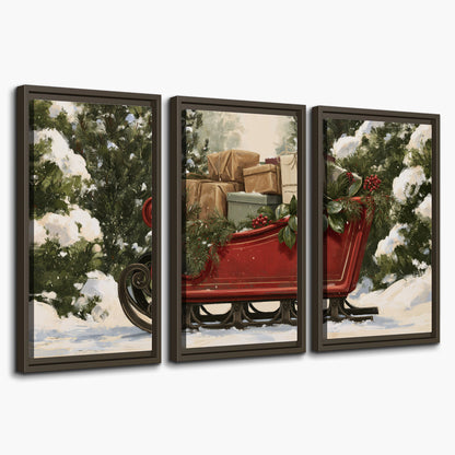 A decorative red holiday sleigh carrying wrapped presents and greenery through a snowy woodland 3 piece framed canvas wall art on a white background