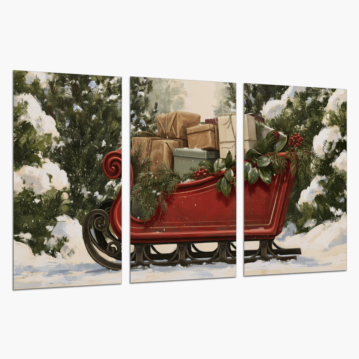 A decorative red holiday sleigh carrying wrapped presents and greenery through a snowy woodland set of 3 poster prints on a white background