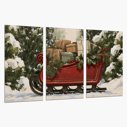 A decorative red holiday sleigh carrying wrapped presents and greenery through a snowy woodland set of 3 poster prints on a white background