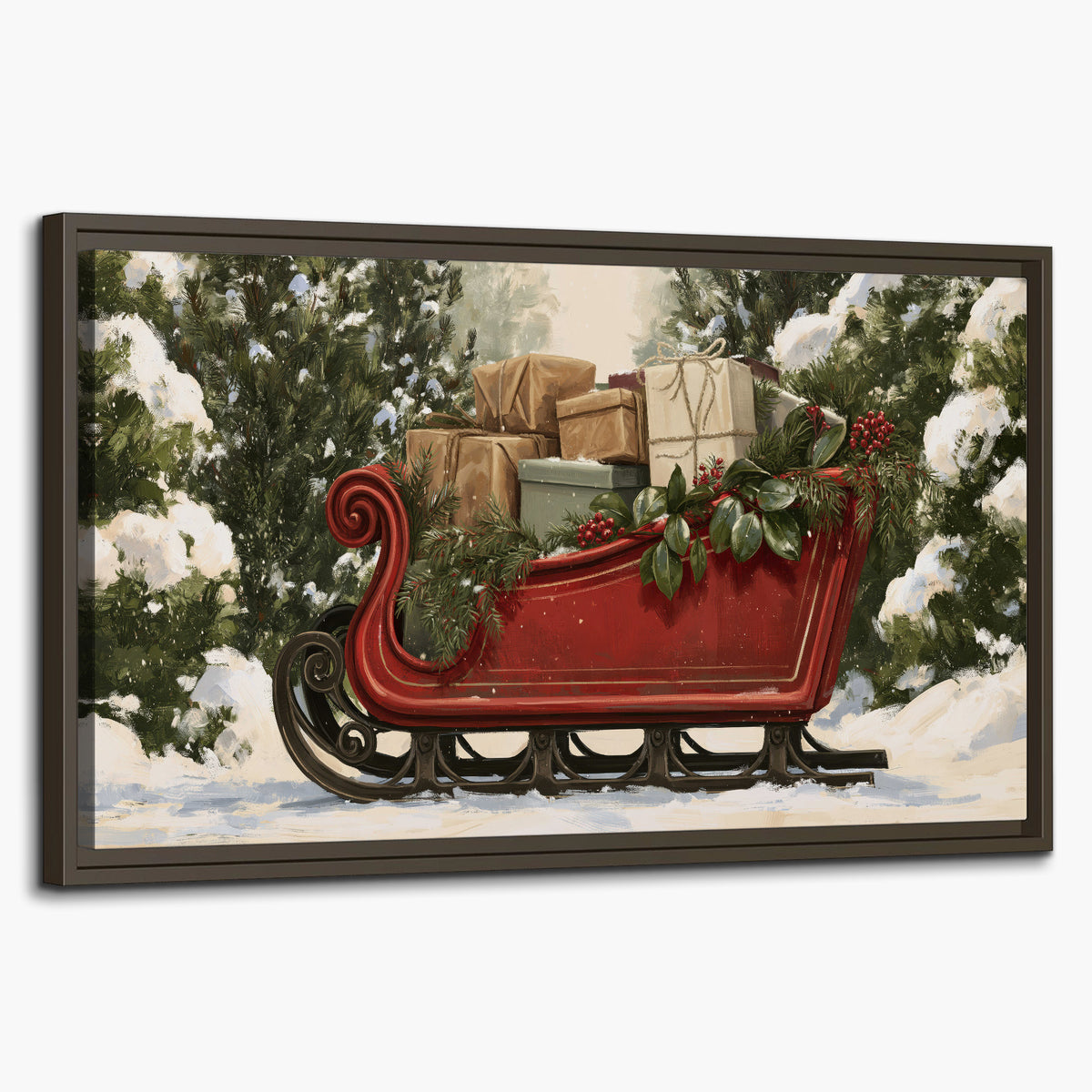 A decorative red holiday sleigh carrying wrapped presents and greenery through a snowy woodland single framed canvas wall art on a white background