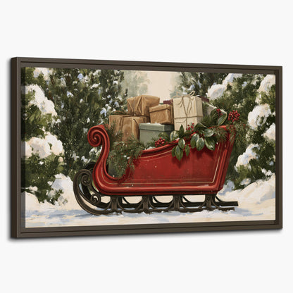 A decorative red holiday sleigh carrying wrapped presents and greenery through a snowy woodland single framed canvas wall art on a white background