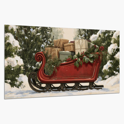 A decorative red holiday sleigh carrying wrapped presents and greenery through a snowy woodland single poster print on a white background