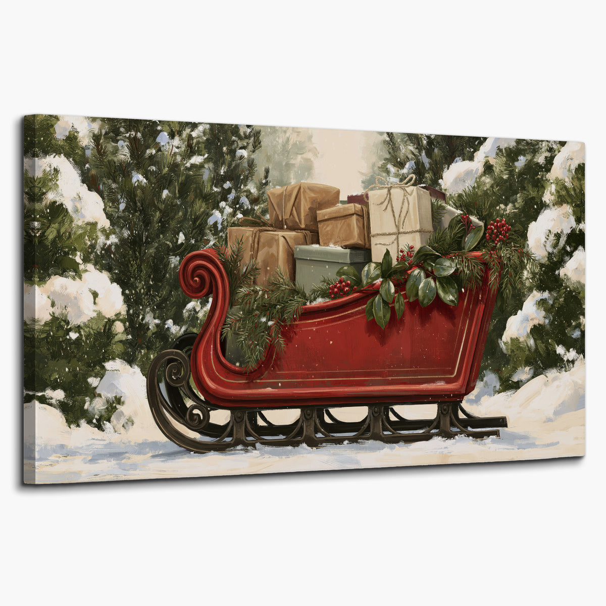 A decorative red holiday sleigh carrying wrapped presents and greenery through a snowy woodland single canvas wall art on a white background