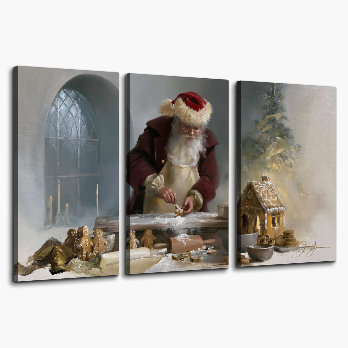 Santa working with dough beside a gingerbread house in a softly lit Christmas kitchen 3 piece canvas wall art on a white background