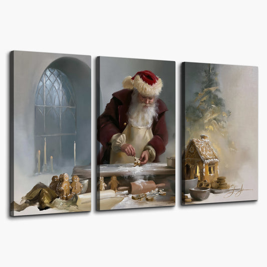 Santa working with dough beside a gingerbread house in a softly lit Christmas kitchen 3 piece canvas wall art on a white background