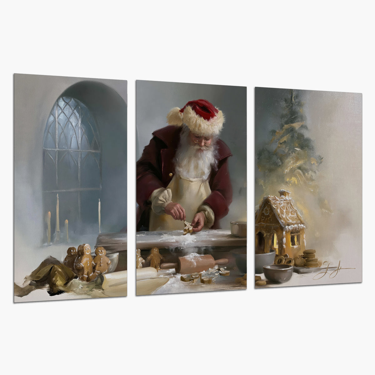 Santa working with dough beside a gingerbread house in a softly lit Christmas kitchen set of 3 poster prints on a white background