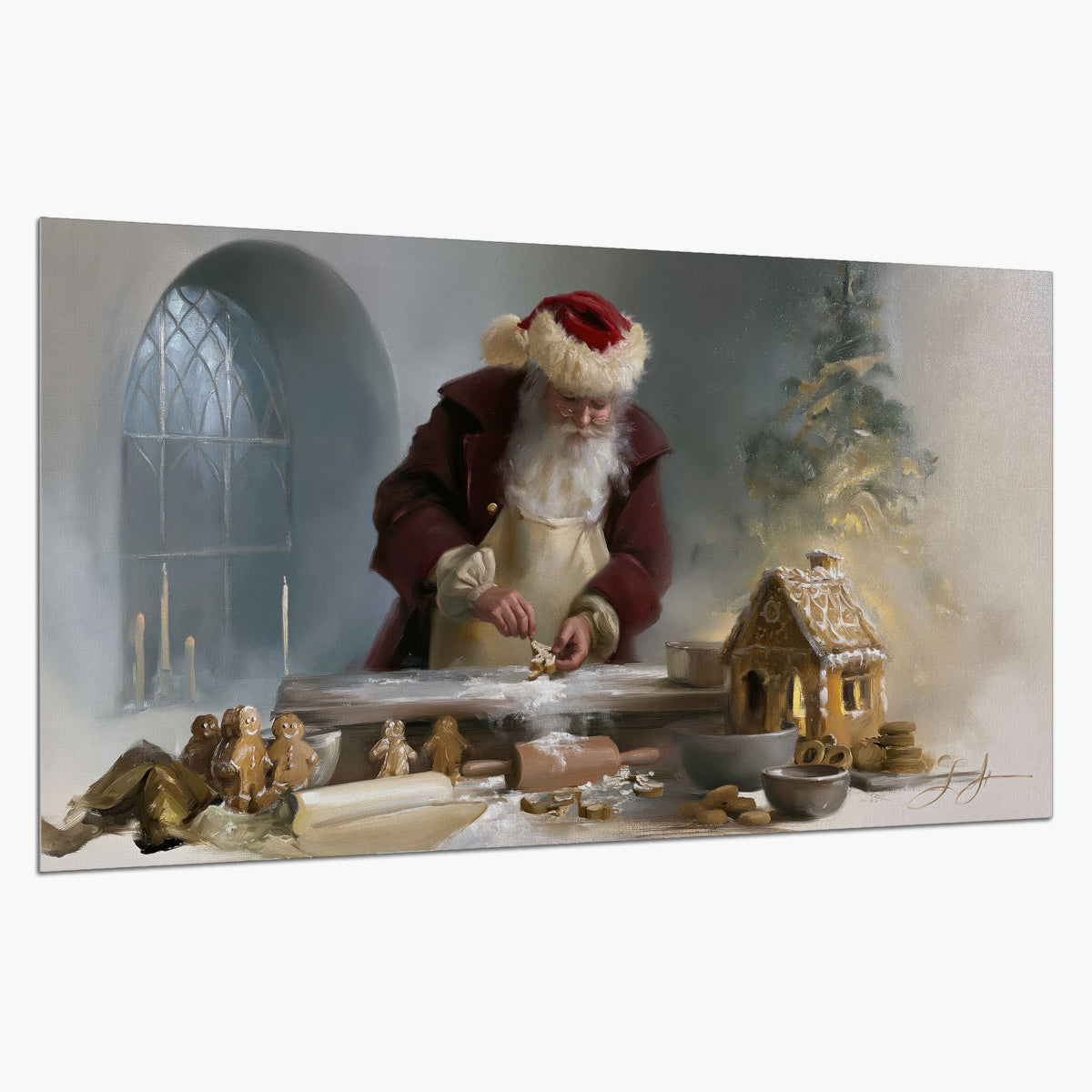 Santa working with dough beside a gingerbread house in a softly lit Christmas kitchen single poster print on a white background