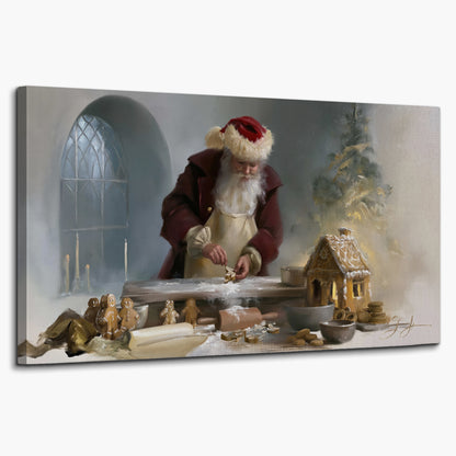 Santa working with dough beside a gingerbread house in a softly lit Christmas kitchen single canvas wall art on a white background