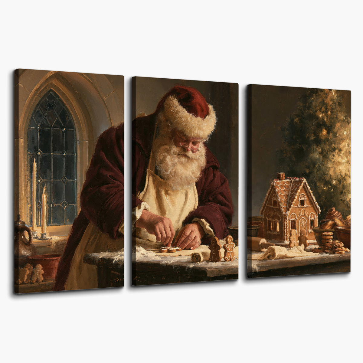 Santa shaping a gingerbread creation at a worktable beside a glowing Christmas tree 3 piece canvas wall art on a white background