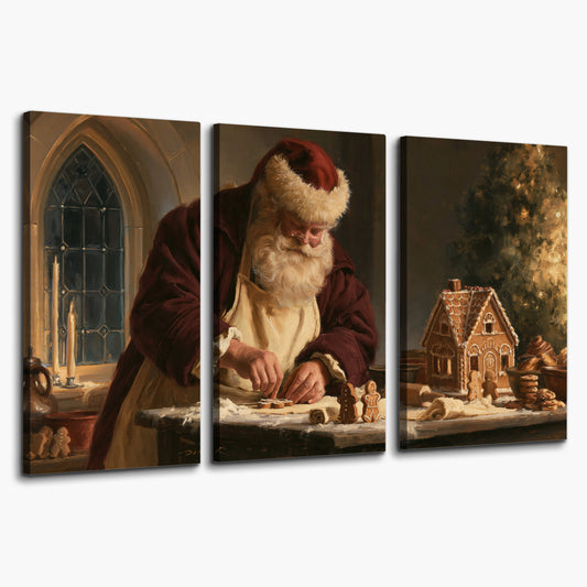 Santa shaping a gingerbread creation at a worktable beside a glowing Christmas tree 3 piece canvas wall art on a white background