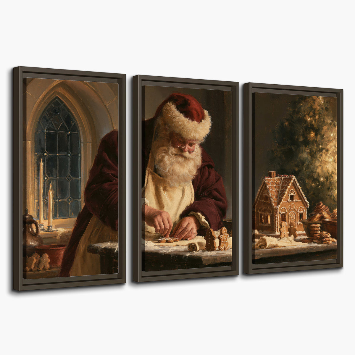 Santa shaping a gingerbread creation at a worktable beside a glowing Christmas tree 3 piece framed canvas wall art on a white background