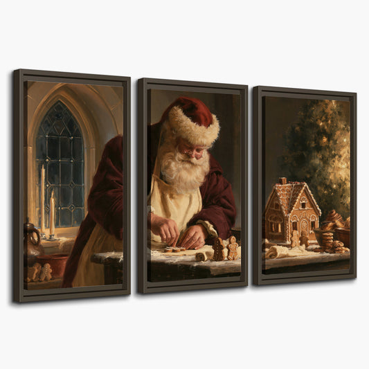 Santa shaping a gingerbread creation at a worktable beside a glowing Christmas tree 3 piece framed canvas wall art on a white background
