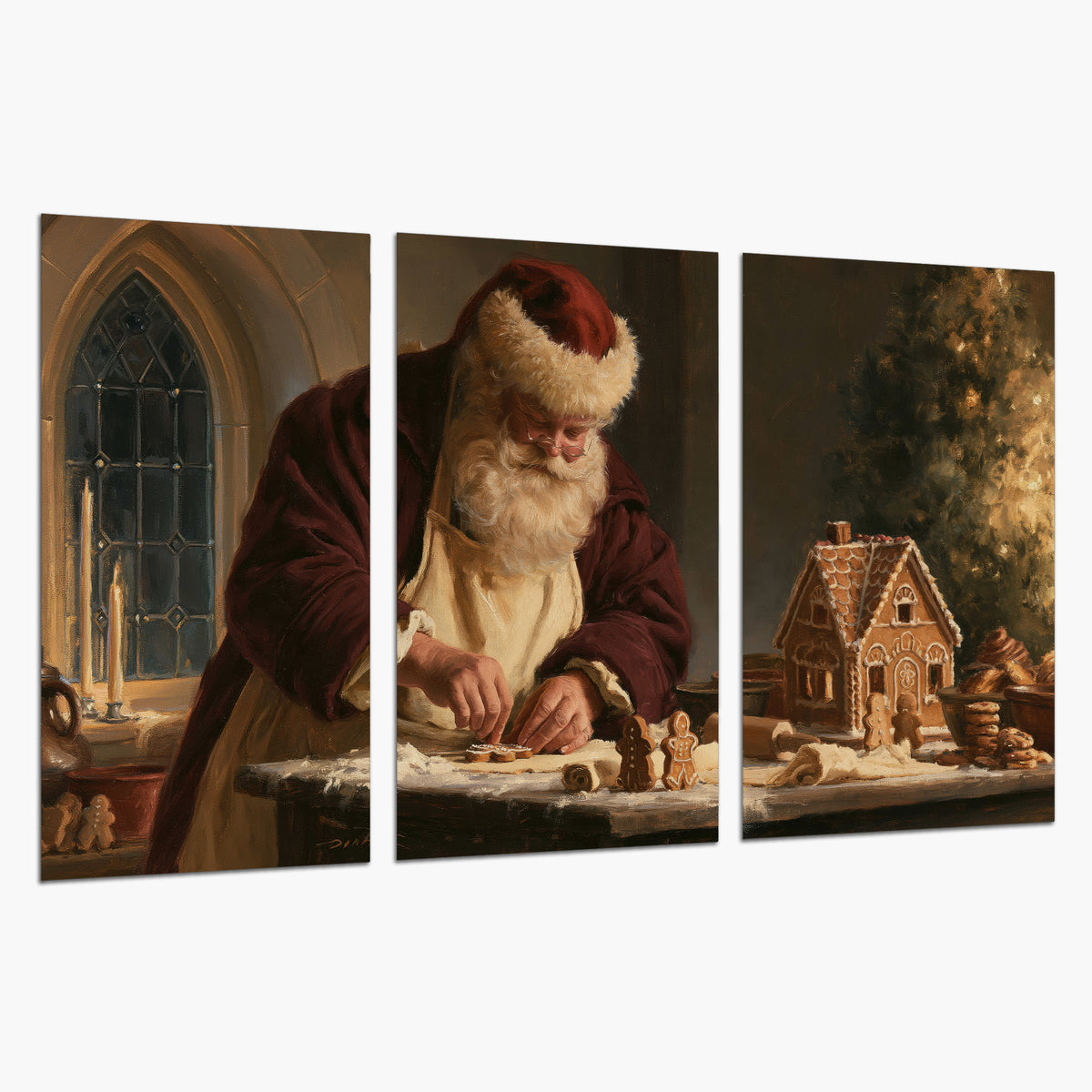 Santa shaping a gingerbread creation at a worktable beside a glowing Christmas tree set of 3 poster prints on a white background