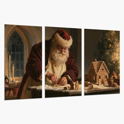 Santa shaping a gingerbread creation at a worktable beside a glowing Christmas tree set of 3 poster prints on a white background