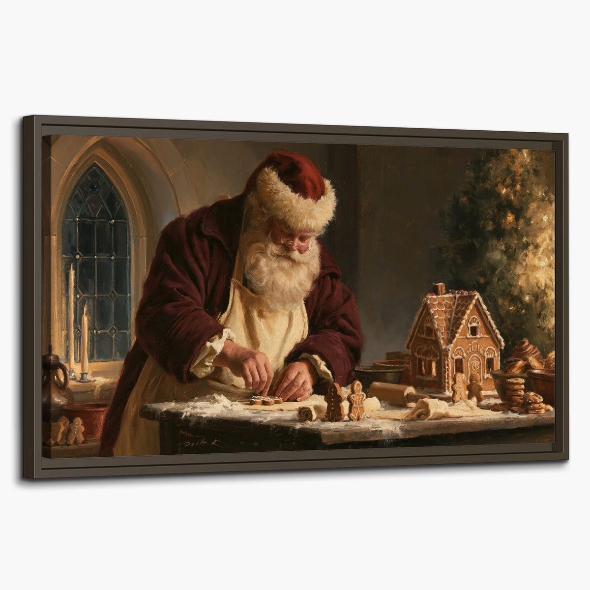 Santa shaping a gingerbread creation at a worktable beside a glowing Christmas tree single framed canvas wall art on a white background