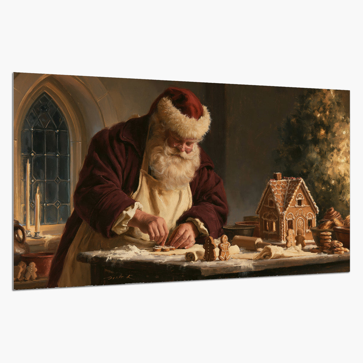 Santa shaping a gingerbread creation at a worktable beside a glowing Christmas tree single poster print on a white background