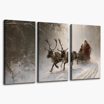 Santa riding a reindeer-drawn sleigh along a winding snowy woodland path 3 piece canvas wall art on a white background