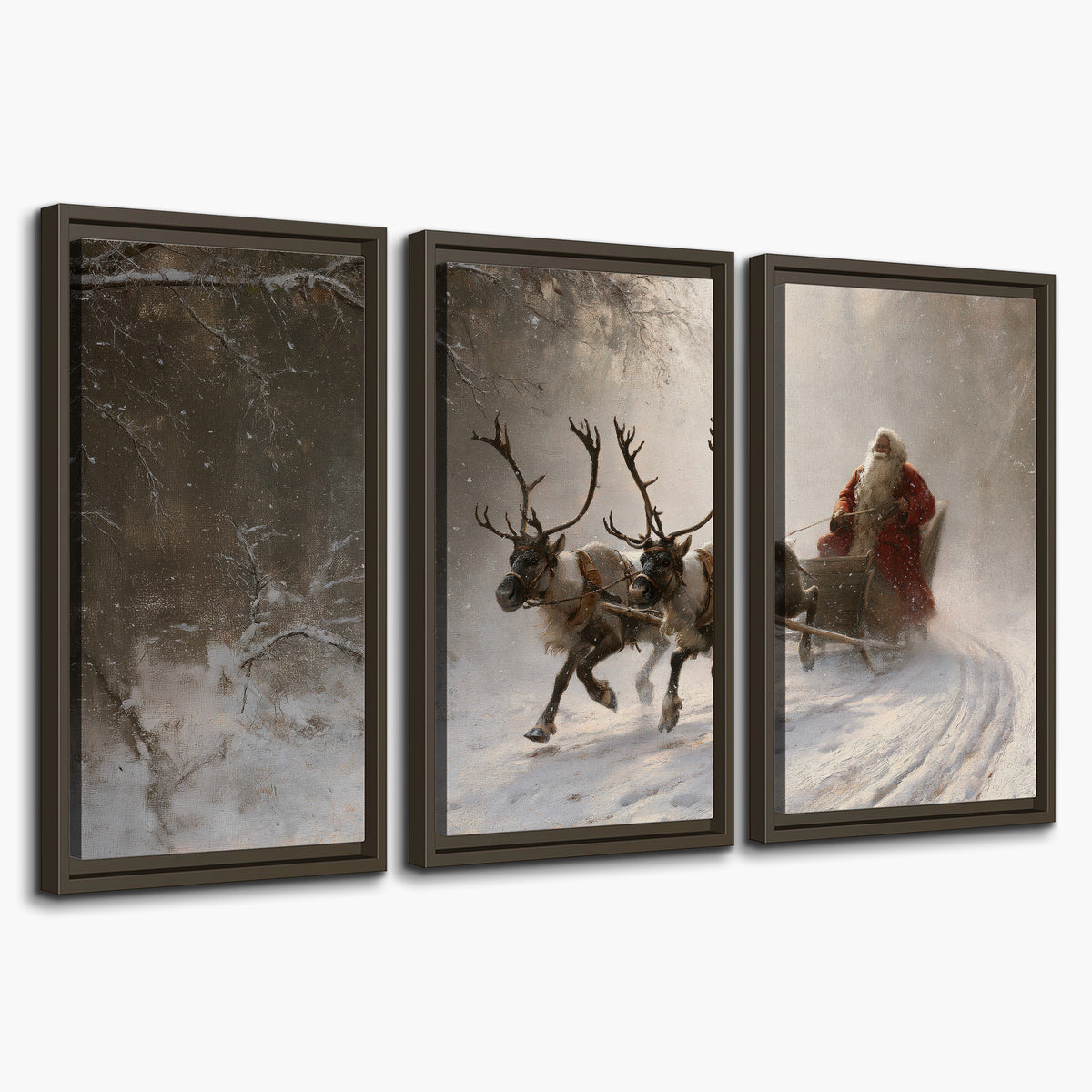 Santa riding a reindeer-drawn sleigh along a winding snowy woodland path 3 piece framed canvas wall art on a white background