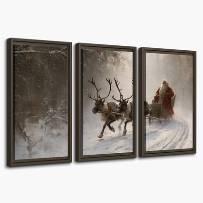 Santa riding a reindeer-drawn sleigh along a winding snowy woodland path 3 piece framed canvas wall art on a white background