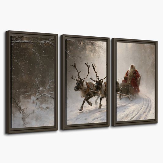Santa riding a reindeer-drawn sleigh along a winding snowy woodland path 3 piece framed canvas wall art on a white background