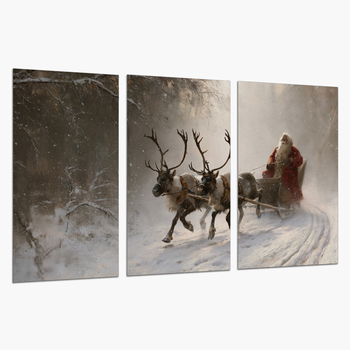 Santa riding a reindeer-drawn sleigh along a winding snowy woodland path set of 3 poster prints on a white background