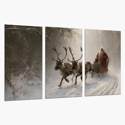 Santa riding a reindeer-drawn sleigh along a winding snowy woodland path set of 3 poster prints on a white background