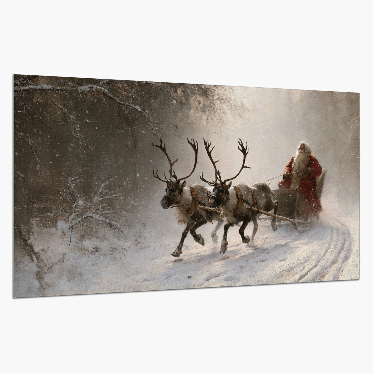 Santa riding a reindeer-drawn sleigh along a winding snowy woodland path single poster print on a white background