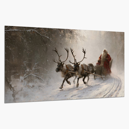 Santa riding a reindeer-drawn sleigh along a winding snowy woodland path single poster print on a white background