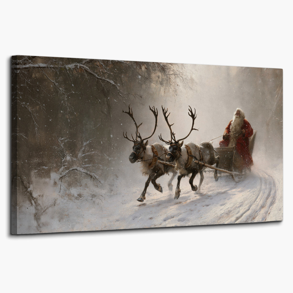 Santa riding a reindeer-drawn sleigh along a winding snowy woodland path single canvas wall art on a white background