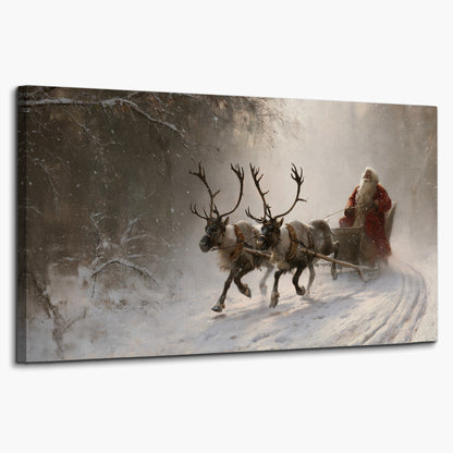 Santa riding a reindeer-drawn sleigh along a winding snowy woodland path single canvas wall art on a white background