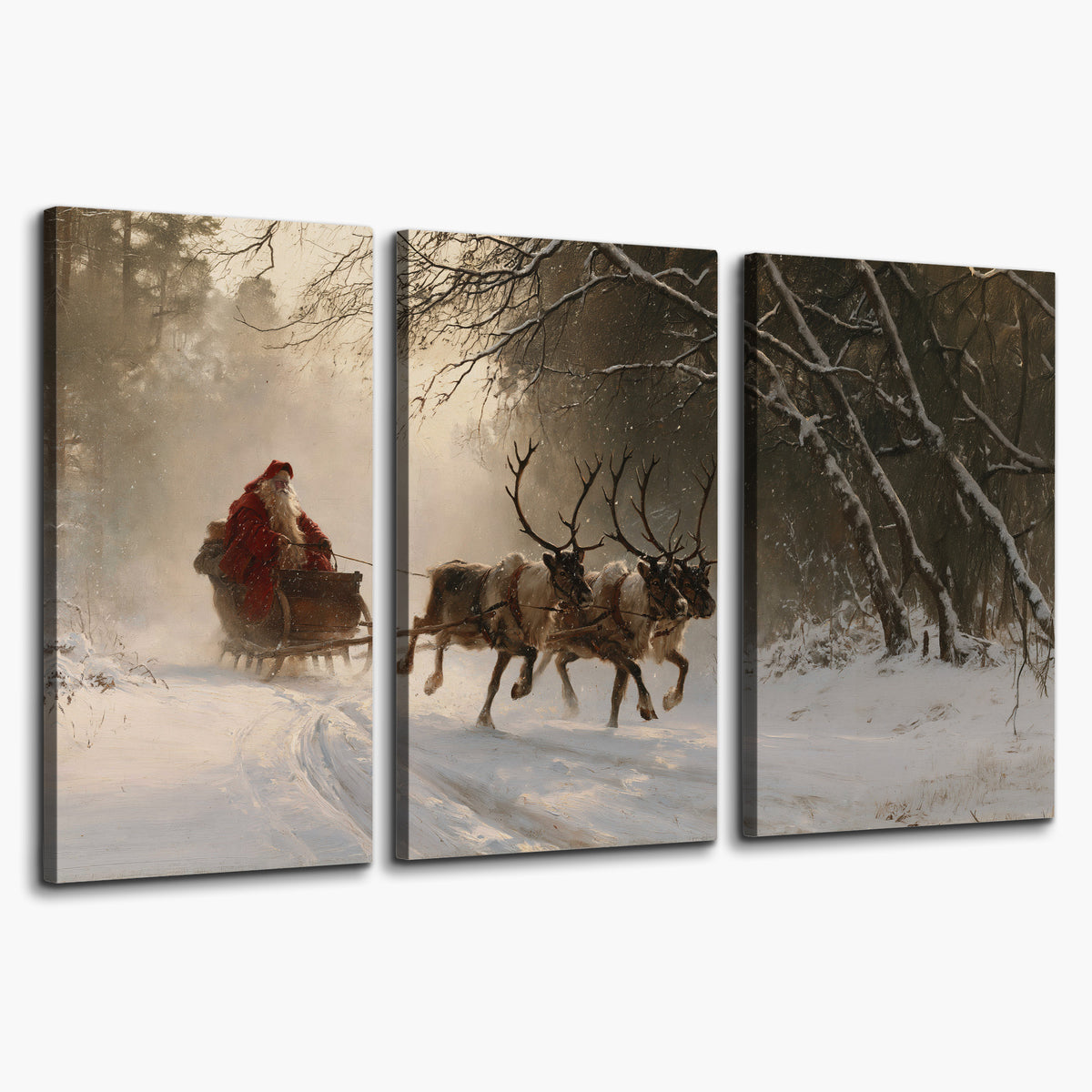 A reindeer team pulling Santa through a quiet snow-covered forest 3 piece canvas wall art on a white background