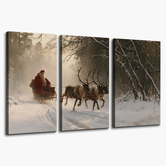 A reindeer team pulling Santa through a quiet snow-covered forest 3 piece canvas wall art on a white background