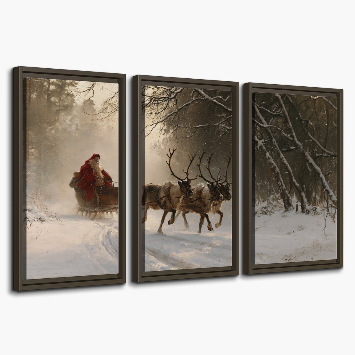 A reindeer team pulling Santa through a quiet snow-covered forest 3 piece framed canvas wall art on a white background